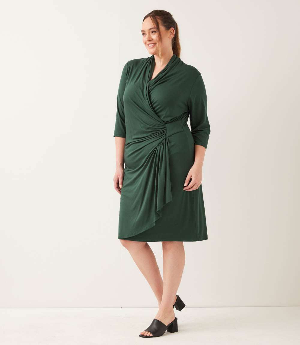 Plus Size 3/4 Sleeve Faux Wrap Dress - Forest Green