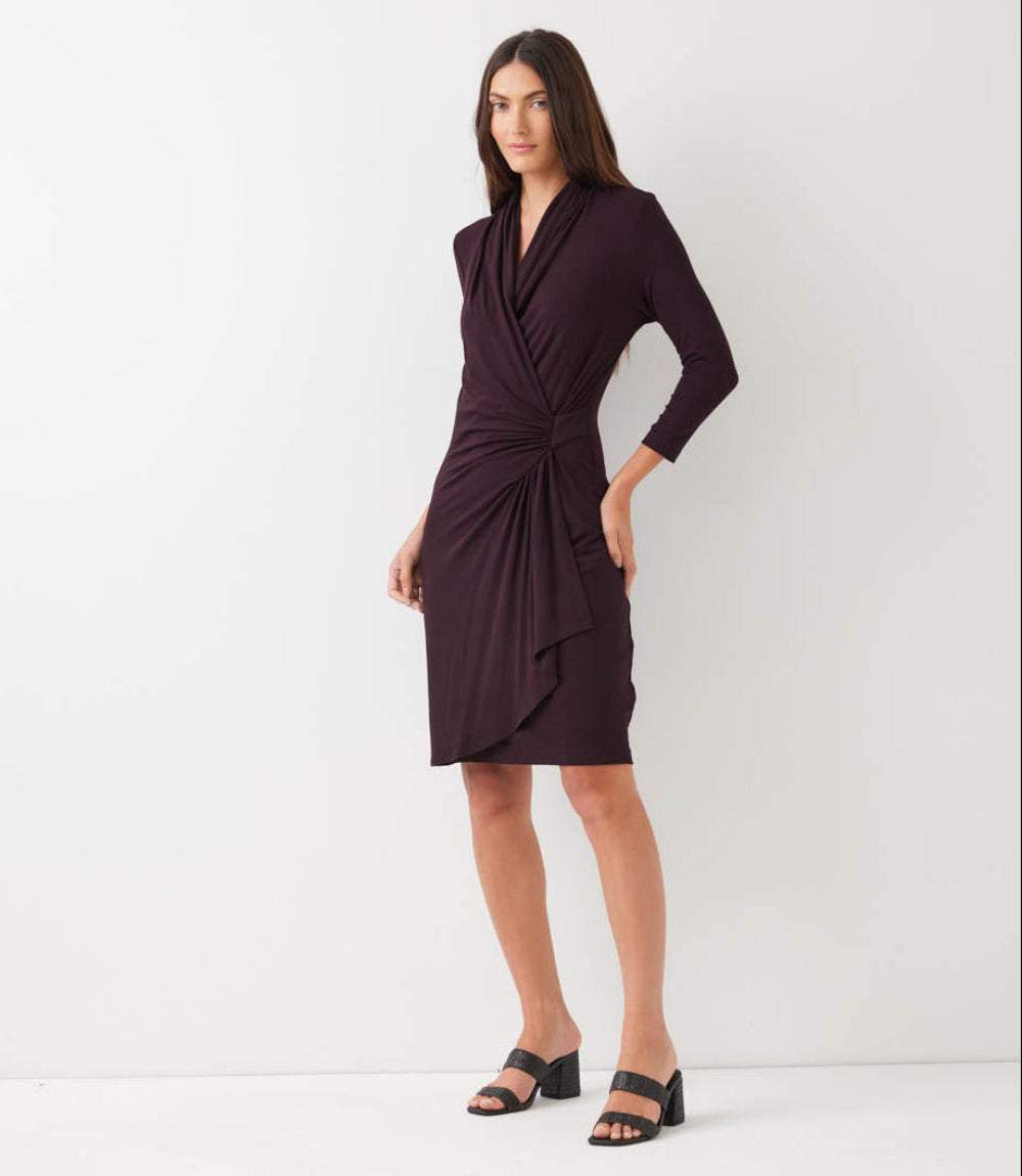 Petite Size 3/4 Sleeve Faux Wrap Dress - Bordeaux