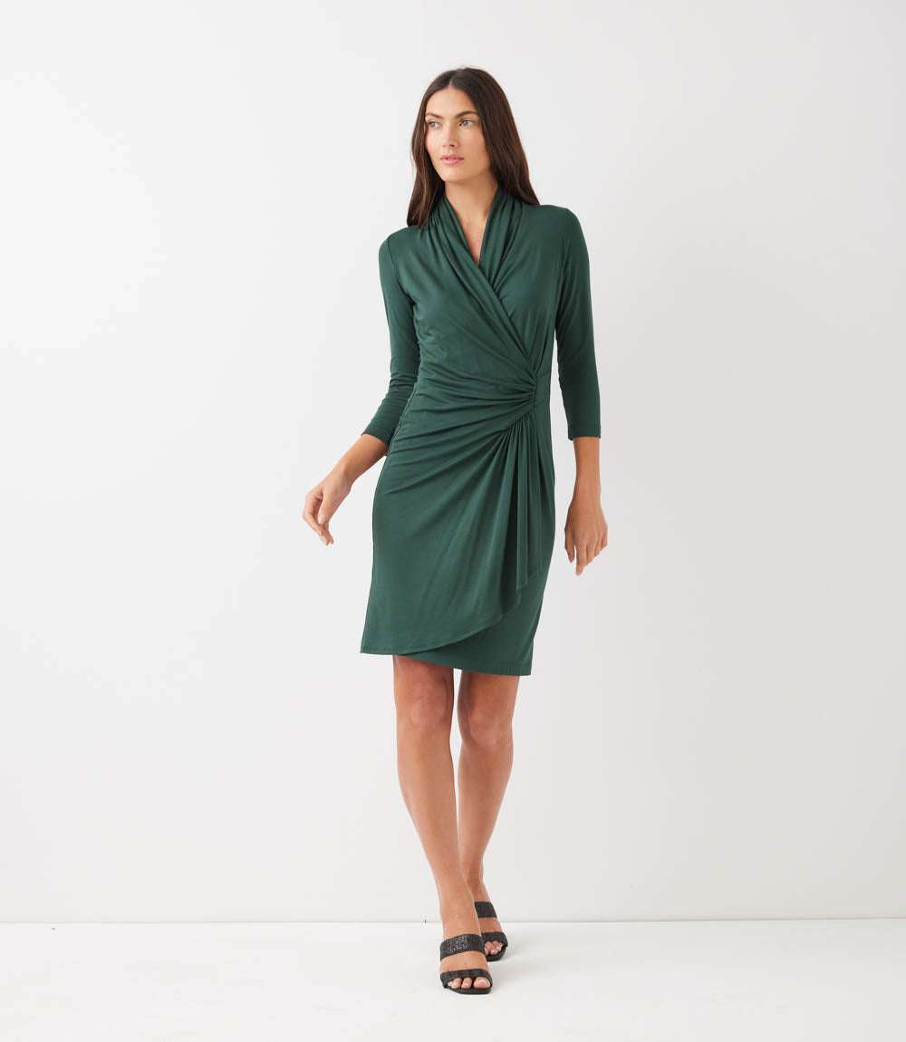 Petite Size 3/4 Sleeve Faux Wrap Dress - Forest Green