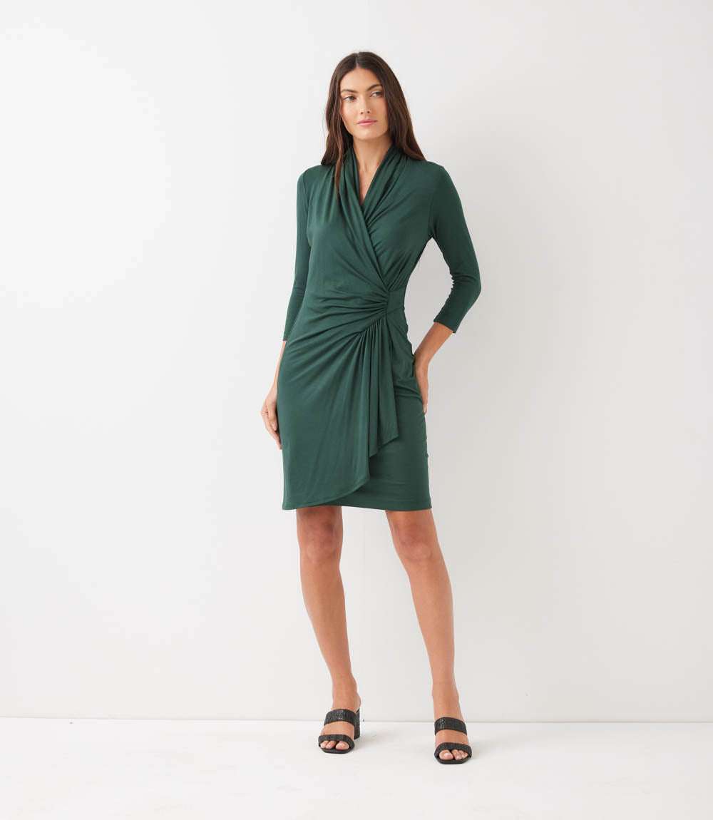 Petite Size 3/4 Sleeve Faux Wrap Dress - Forest Green