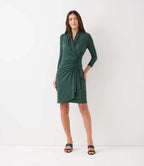 Petite Size 3/4 Sleeve Faux Wrap Dress - Forest Green