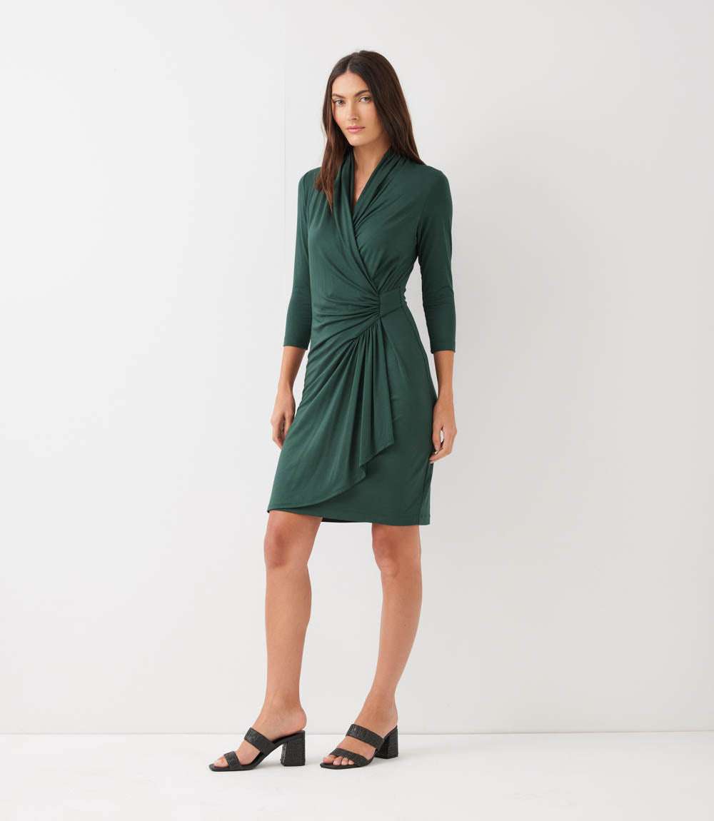 Petite Size 3/4 Sleeve Faux Wrap Dress - Forest Green