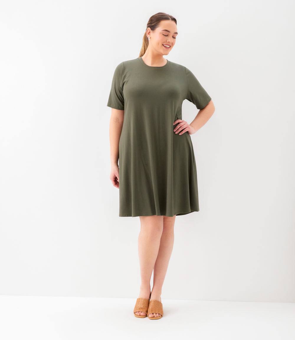 Plus Size Short Sleeve A-Line Dress - Olive