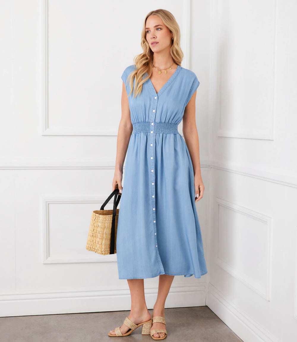 Petite Size Cap Sleeve Smocked Waist Button-Up Midi Dress