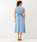 Petite Size Cap Sleeve Smocked Waist Button-Up Midi Dress