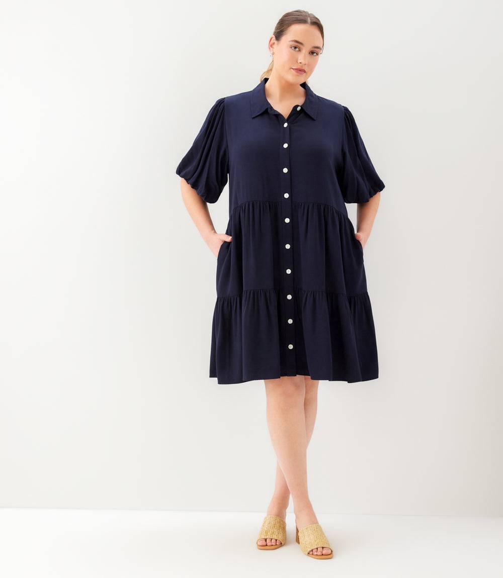 Plus Size Puff Sleeve Tiered Shirtdress - Navy