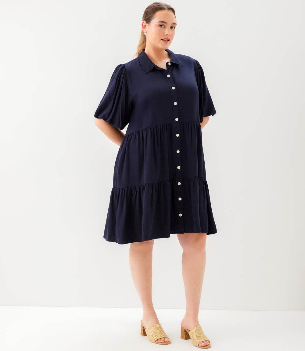 Plus Size Puff Sleeve Tiered Shirtdress - Navy
