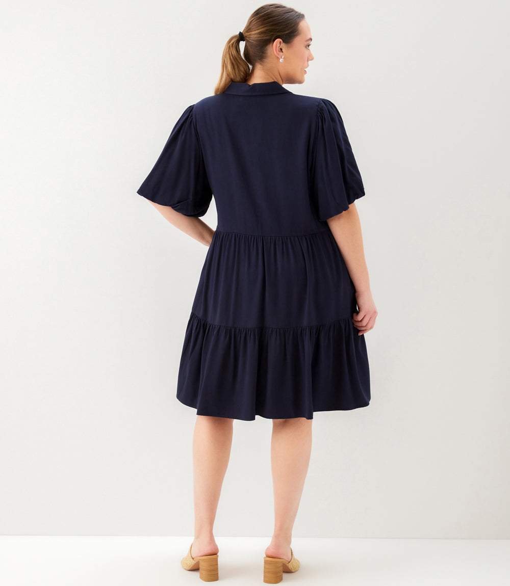 Plus Size Puff Sleeve Tiered Shirtdress - Navy