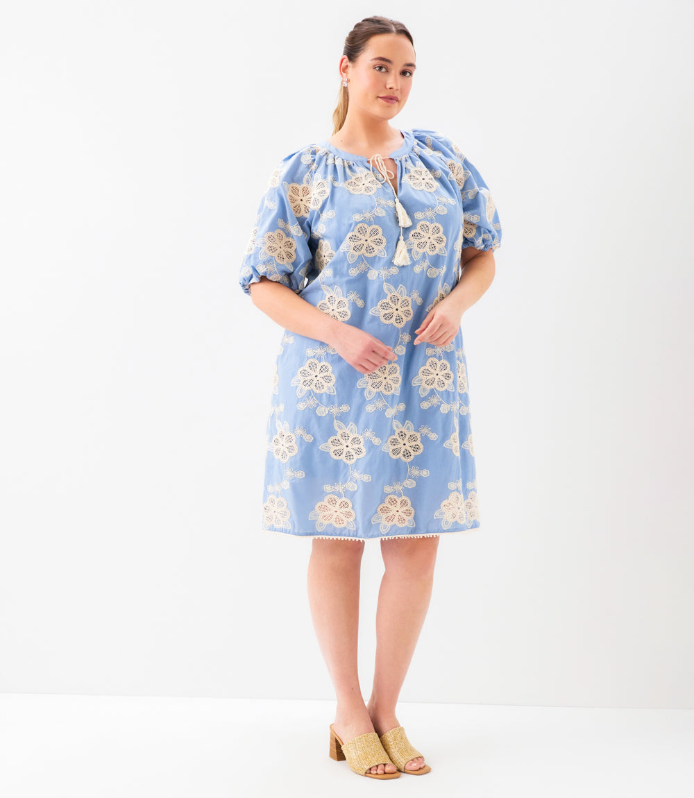 Plus Size Puff Sleeve Tassel Dress - Chambray And Natural