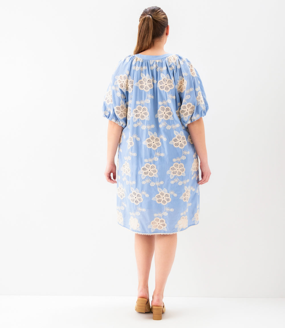 Plus Size Puff Sleeve Tassel Dress - Chambray And Natural