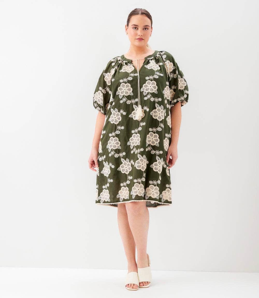 Plus Size Puff Sleeve Tassel Dress - Olive And Natural