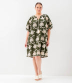 Plus Size Puff Sleeve Tassel Dress - Olive And Natural