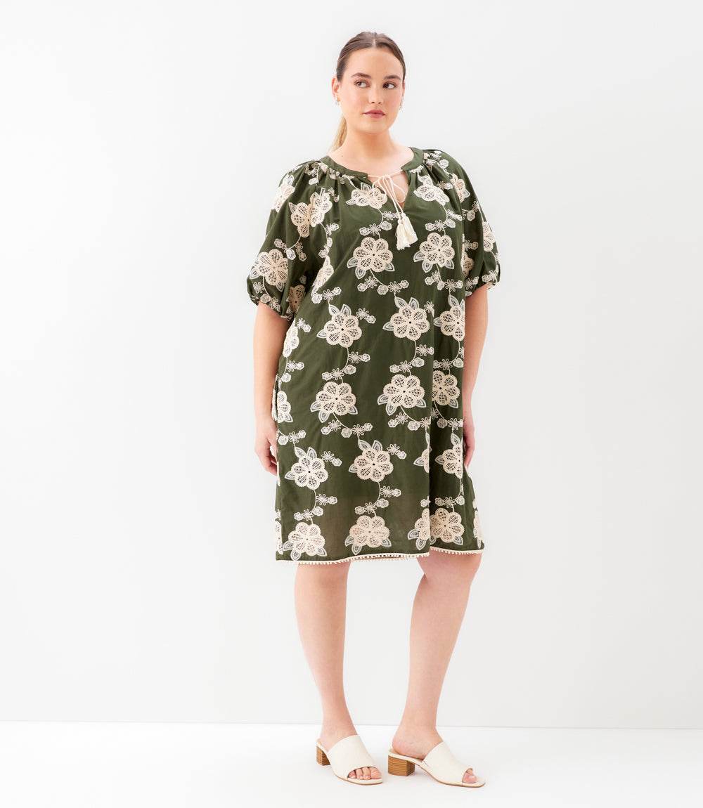 Plus Size Puff Sleeve Tassel Dress - Olive And Natural
