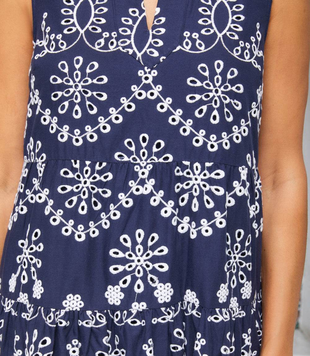 Petite Size Sleeveless Eyelet Dress - Navy With Off White