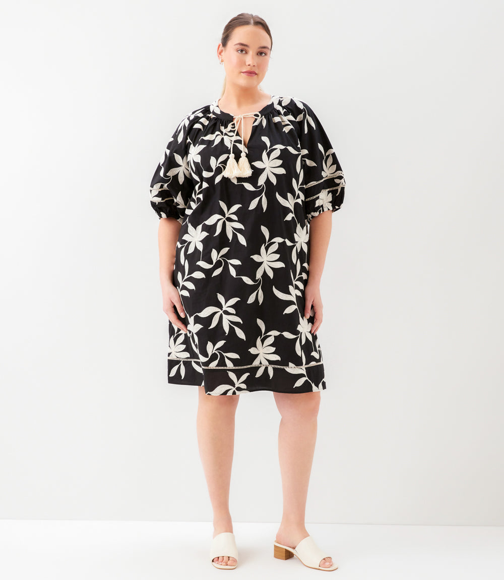Plus Size Puff Sleeve Tassel Dress - Black