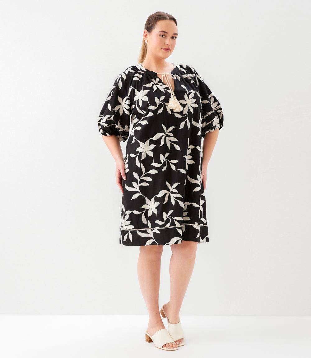 Plus Size Puff Sleeve Tassel Dress - Black