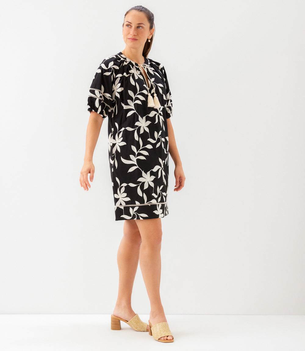 Petite Size Puff Sleeve Tassel Dress - Black
