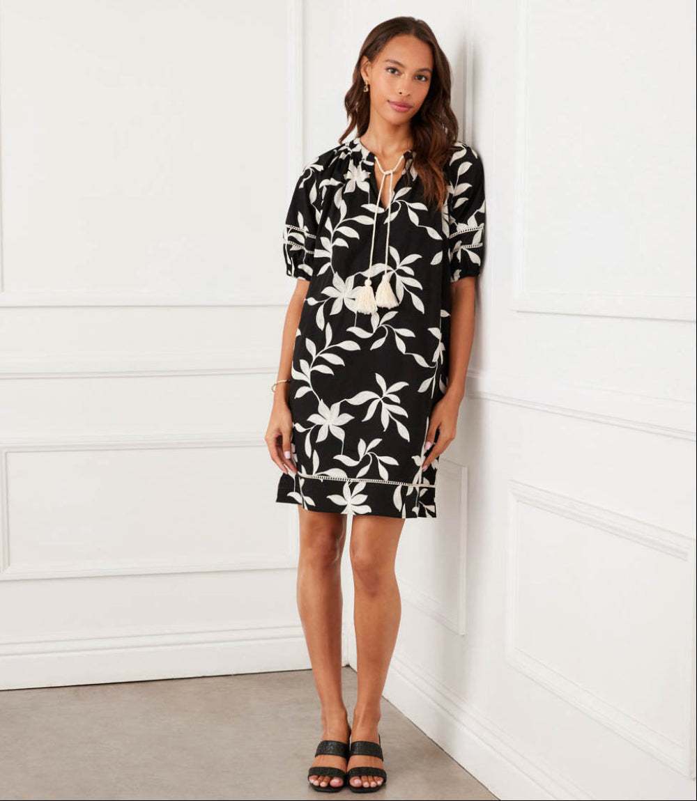 Petite Size Puff Sleeve Tassel Dress - Black