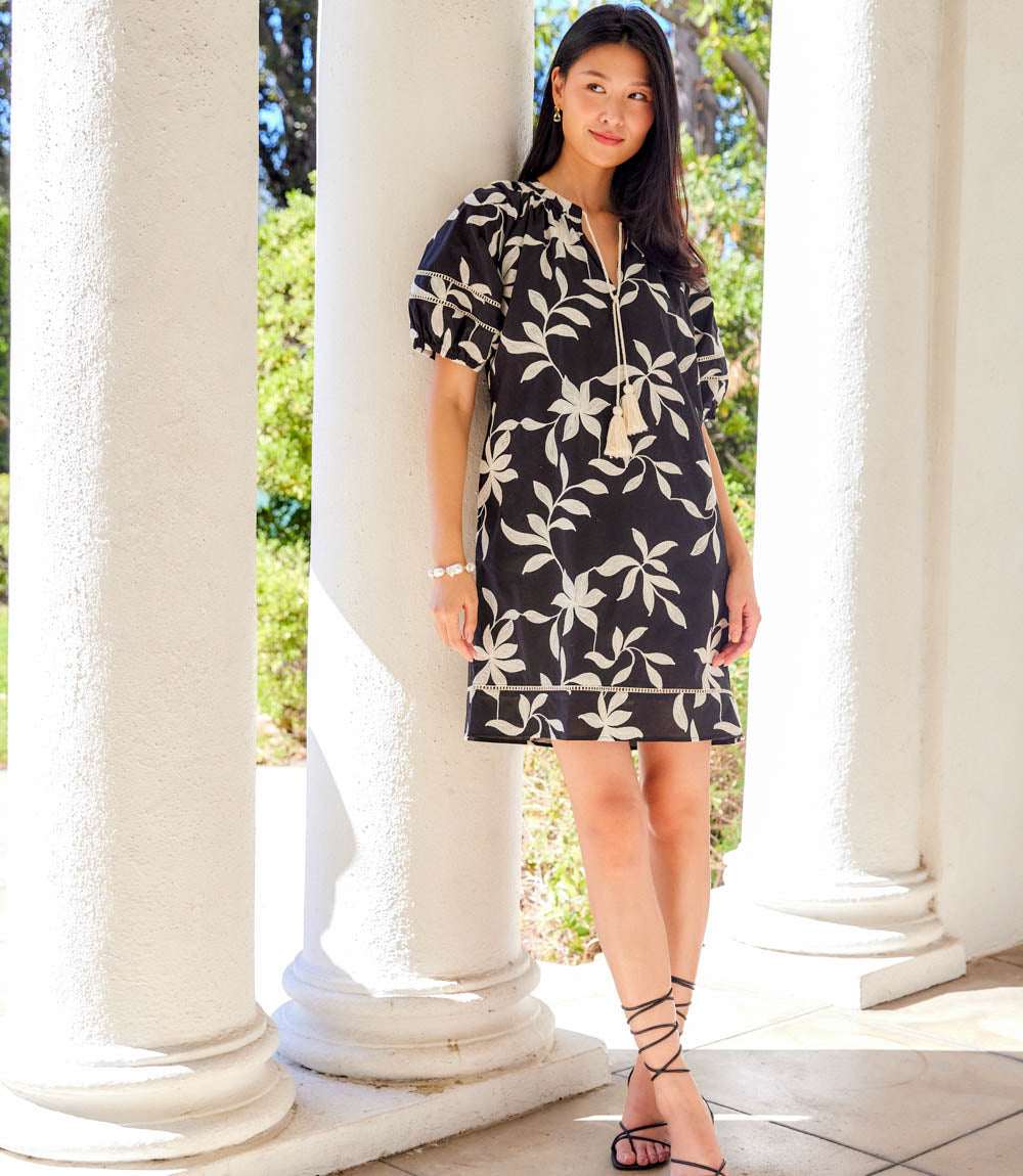 Petite Size Puff Sleeve Tassel Dress - Black