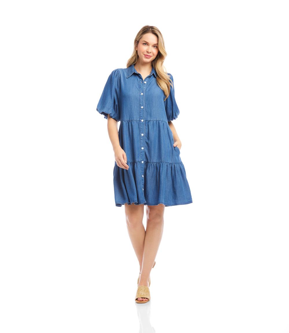 Petite Size Puff Sleeve Tiered Shirtdress - Chambray