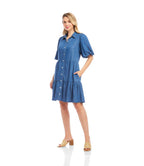 Petite Size Puff Sleeve Tiered Shirtdress - Chambray