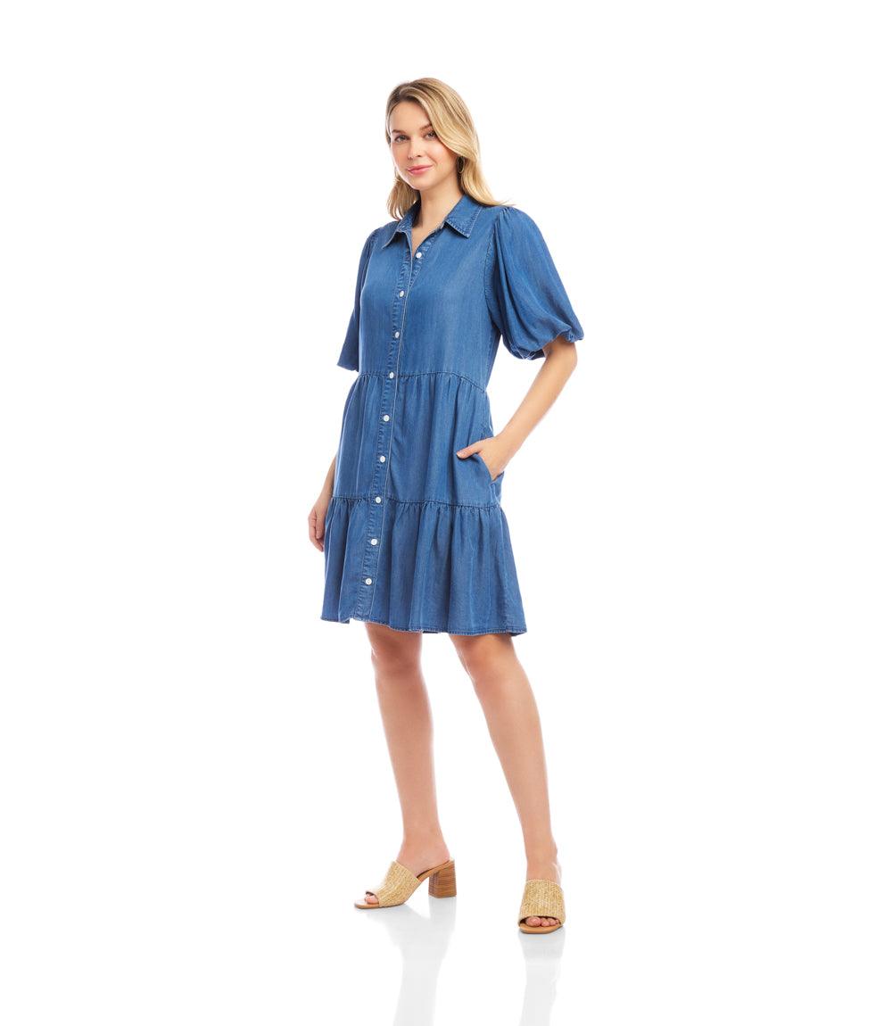 Petite Size Puff Sleeve Tiered Shirtdress - Chambray