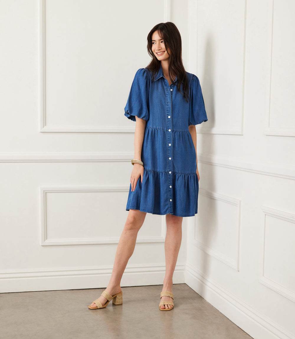 Petite Size Puff Sleeve Tiered Shirtdress - Chambray