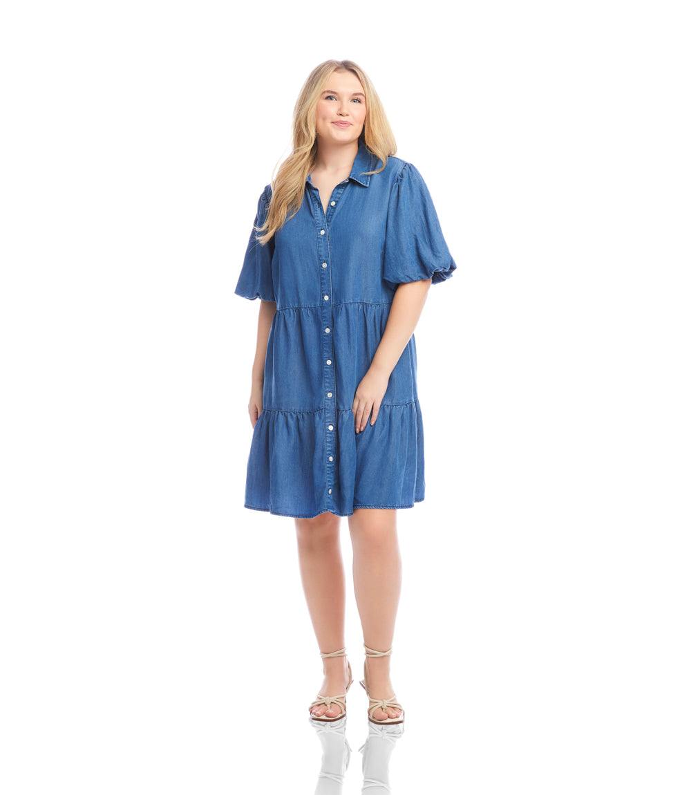 Plus Size Puff Sleeve Tiered Shirtdress - Chambray