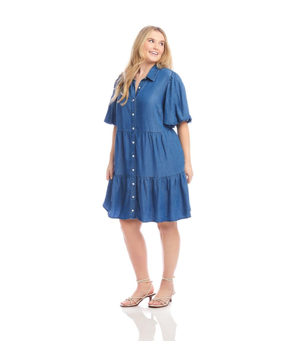 Plus Size Puff Sleeve Tiered Shirtdress - Chambray