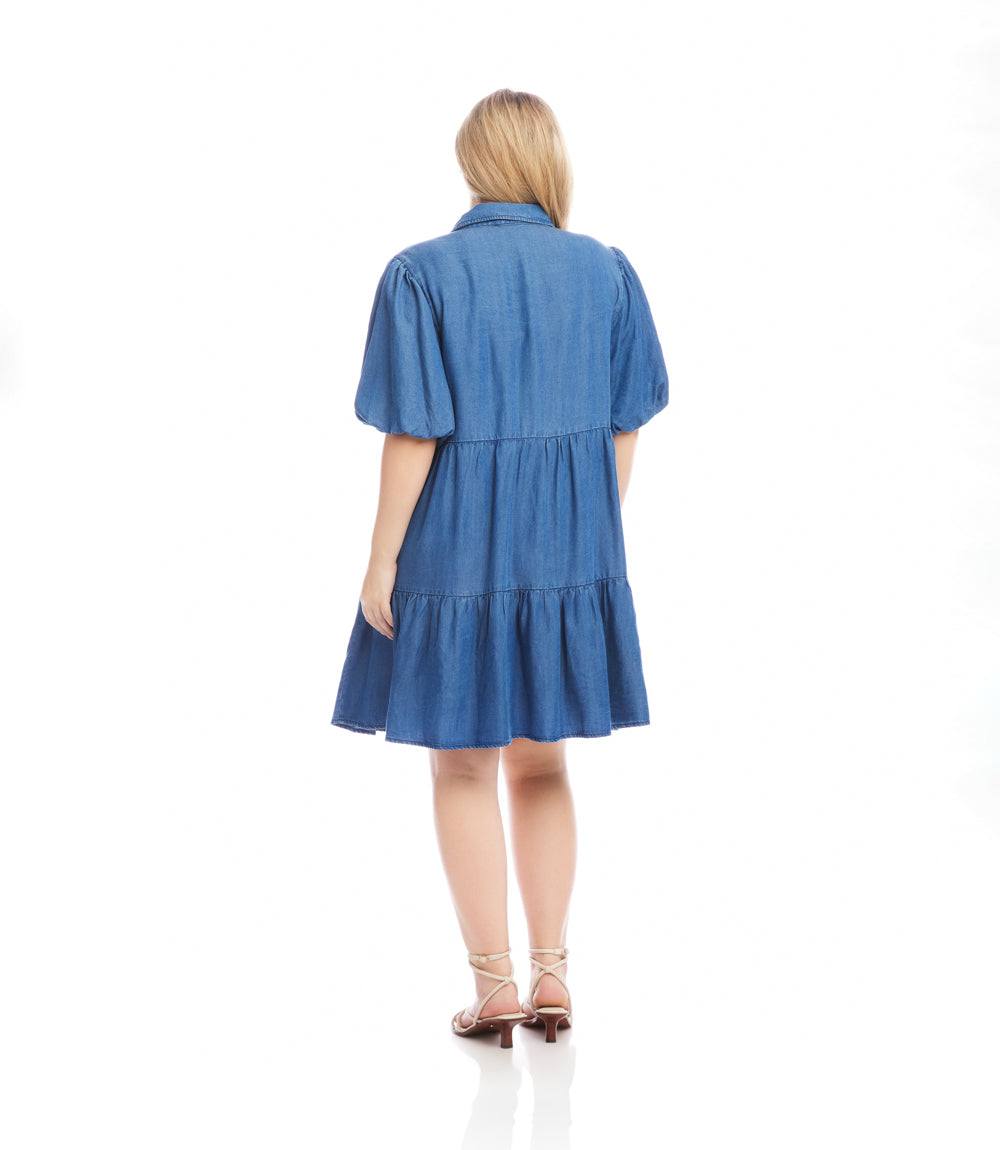 Plus Size Puff Sleeve Tiered Shirtdress - Chambray