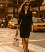Petite Size 3/4 Sleeve Faux Wrap Dress - Black