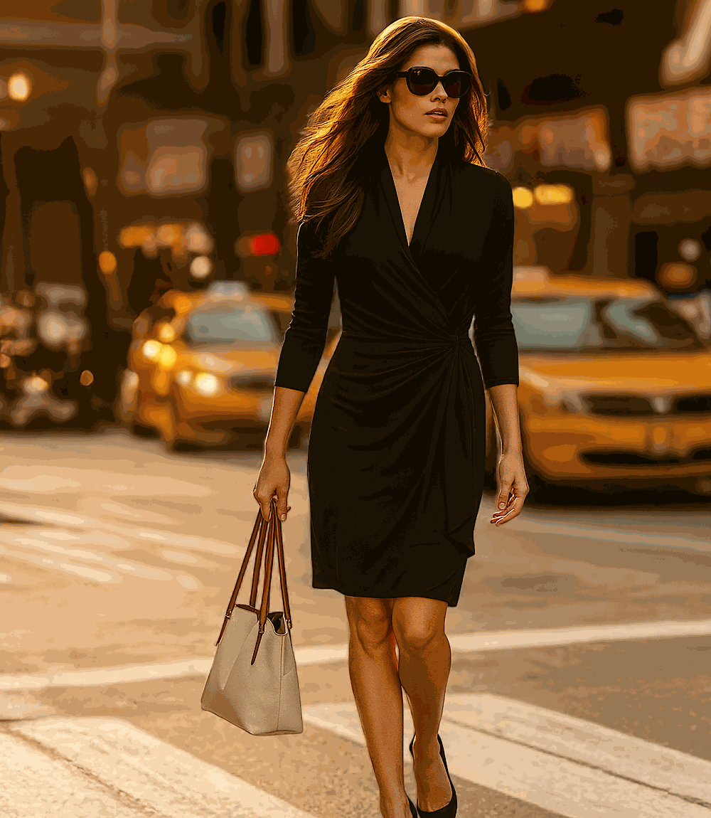 Petite Size 3/4 Sleeve Faux Wrap Dress - Black