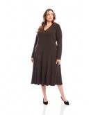 Plus Size V-Neck Midi Travel Jersey Dress - Brown