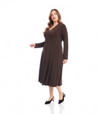 Plus Size V-Neck Midi Travel Jersey Dress - Brown