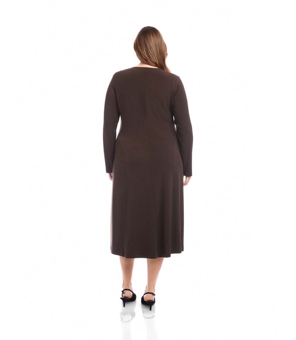 Plus Size V-Neck Midi Travel Jersey Dress - Brown