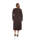 Plus Size V-Neck Midi Travel Jersey Dress - Brown