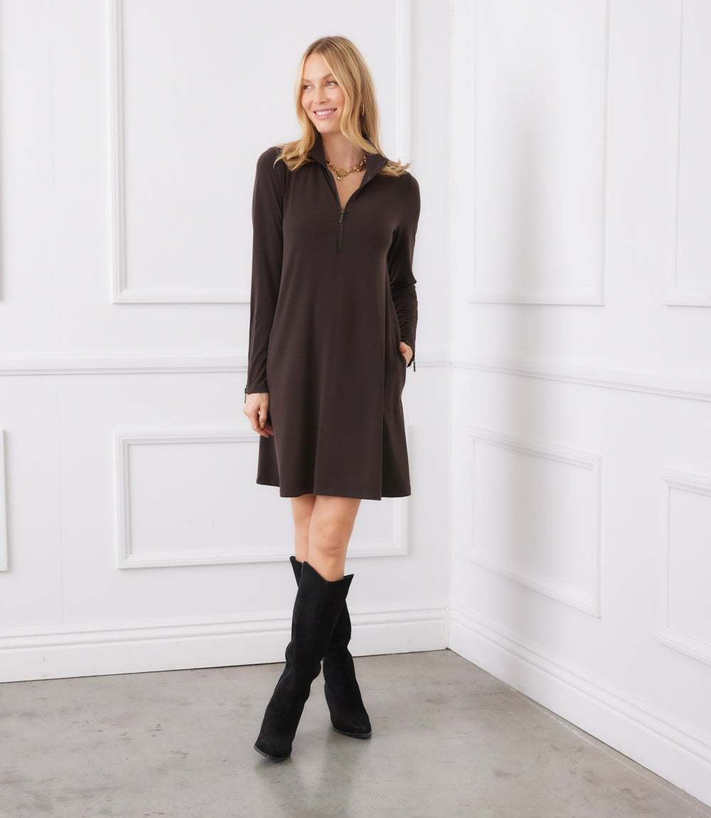 Petite Size Zip-Up Travel Jersey Dress - Brown