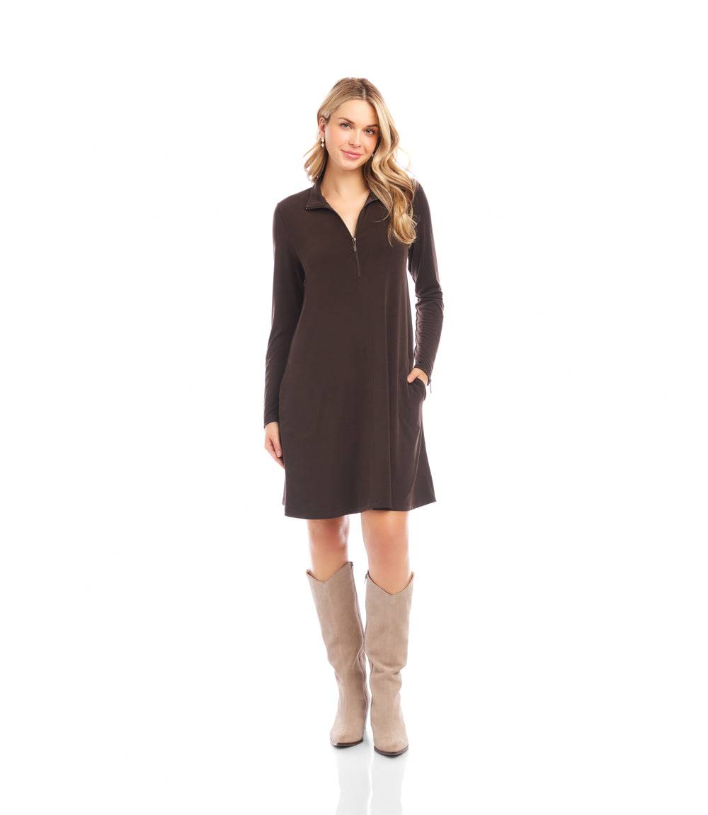Petite Size Zip-Up Travel Jersey Dress - Brown