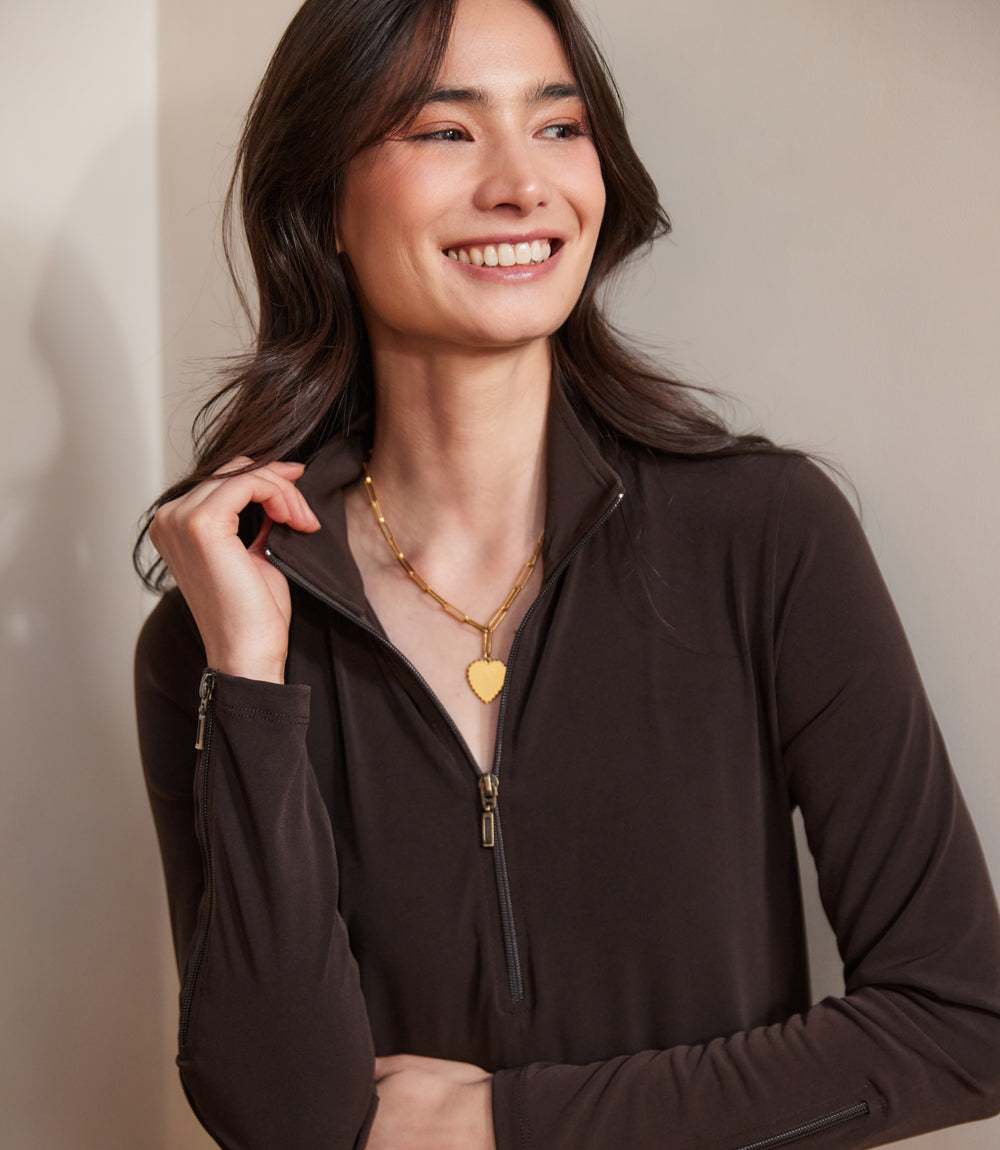 Petite Size Zip-Up Travel Jersey Dress - Brown