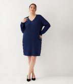 Plus Size Long Sleeve V-Neck Button Detail Dress