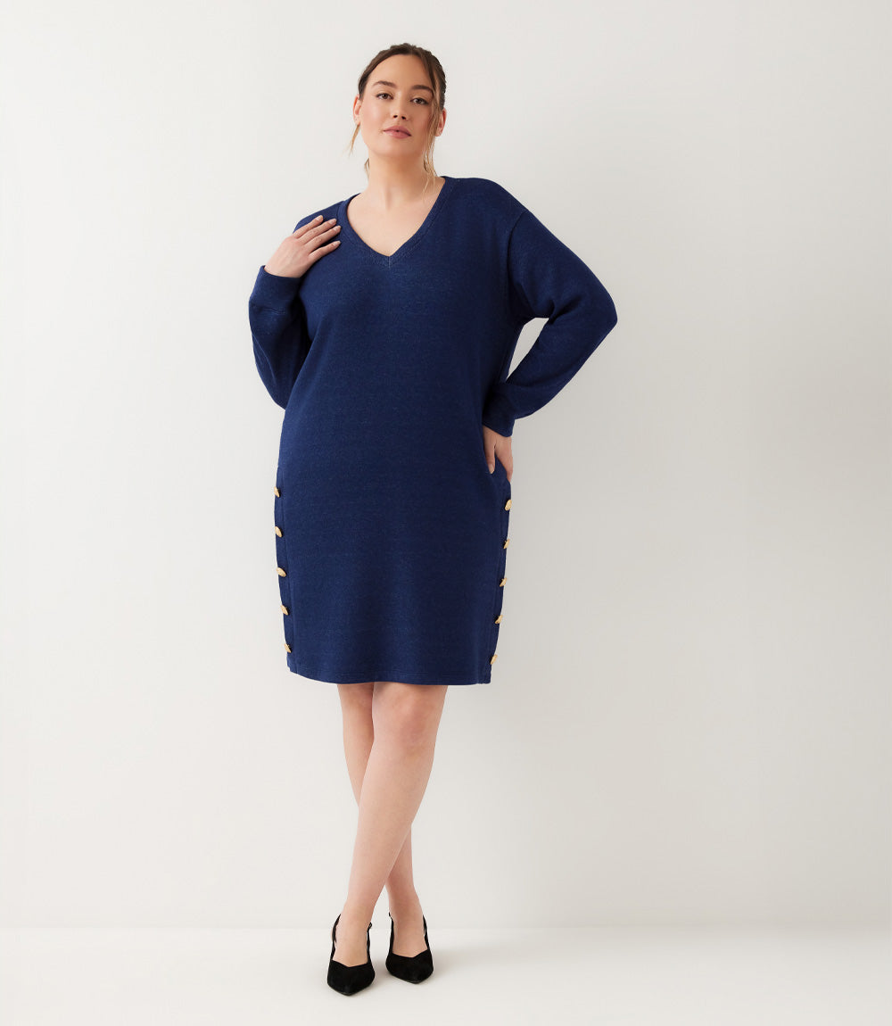 Plus Size Long Sleeve V-Neck Button Detail Dress
