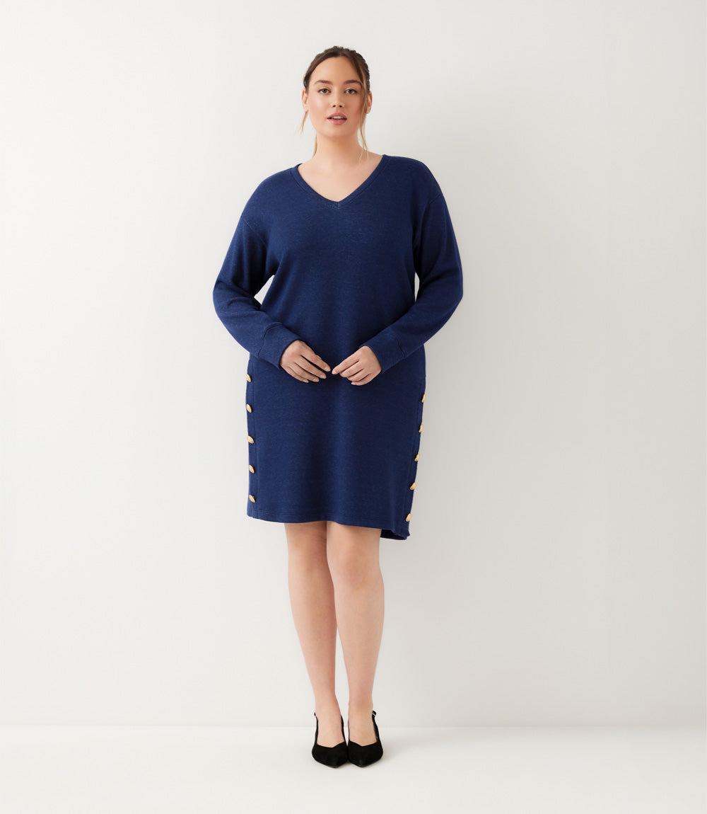 Plus Size Long Sleeve V-Neck Button Detail Dress