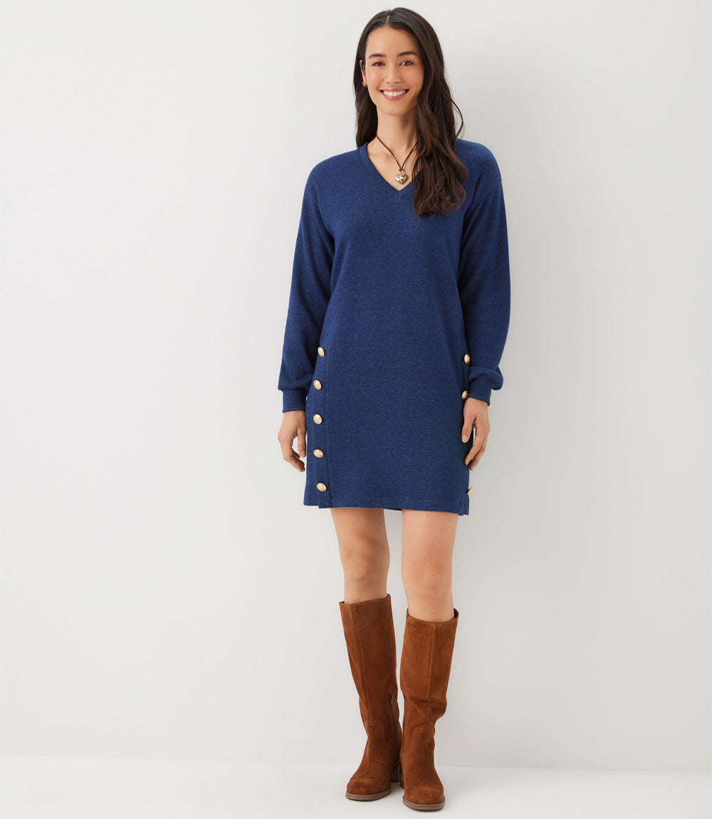 Petite Size Long Sleeve V-Neck Button Detail Dress
