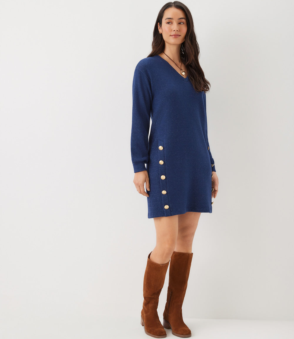 Petite Size Long Sleeve V-Neck Button Detail Dress