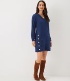 Petite Size Long Sleeve V-Neck Button Detail Dress