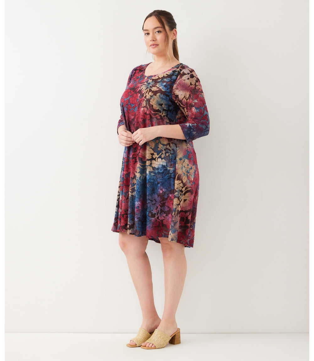 Plus Size 3/4 Sleeve Tie-Dye Burnout Trapeze Dress