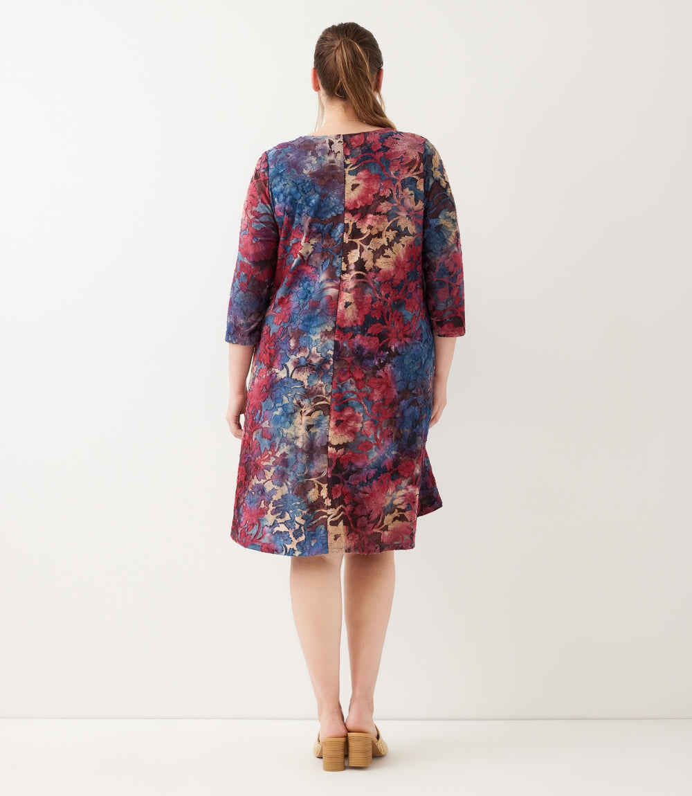 Plus Size 3/4 Sleeve Tie-Dye Burnout Trapeze Dress
