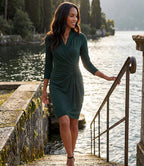 Petite Size 3/4 Sleeve Faux Wrap Dress - Forest Green