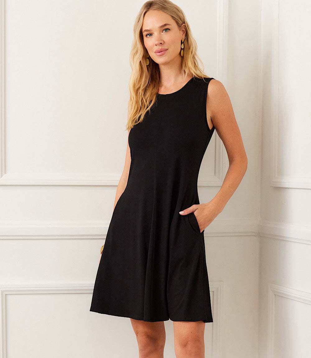 Petite Size Sleeveless Fit and Flare Dress - Black