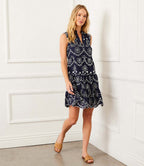 Petite Size Sleeveless Eyelet Dress - Navy With Off White